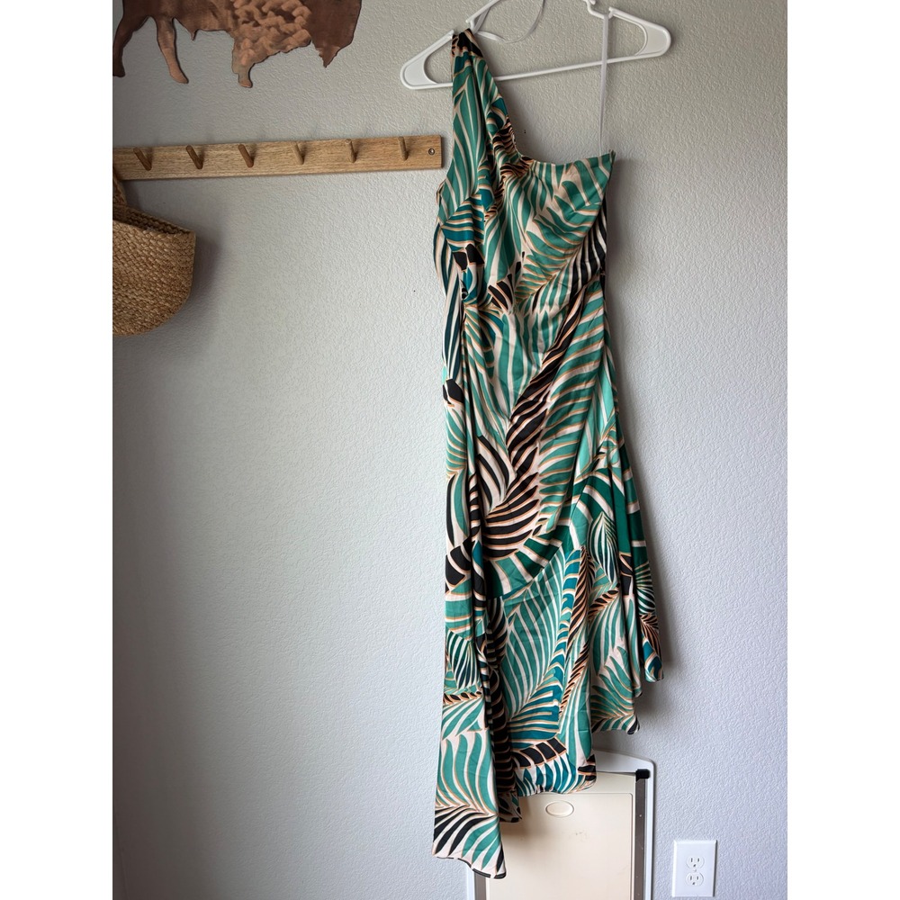 Maggy London Asymmetrical One-Shoulder Midi Tropical Leaf Print Dress